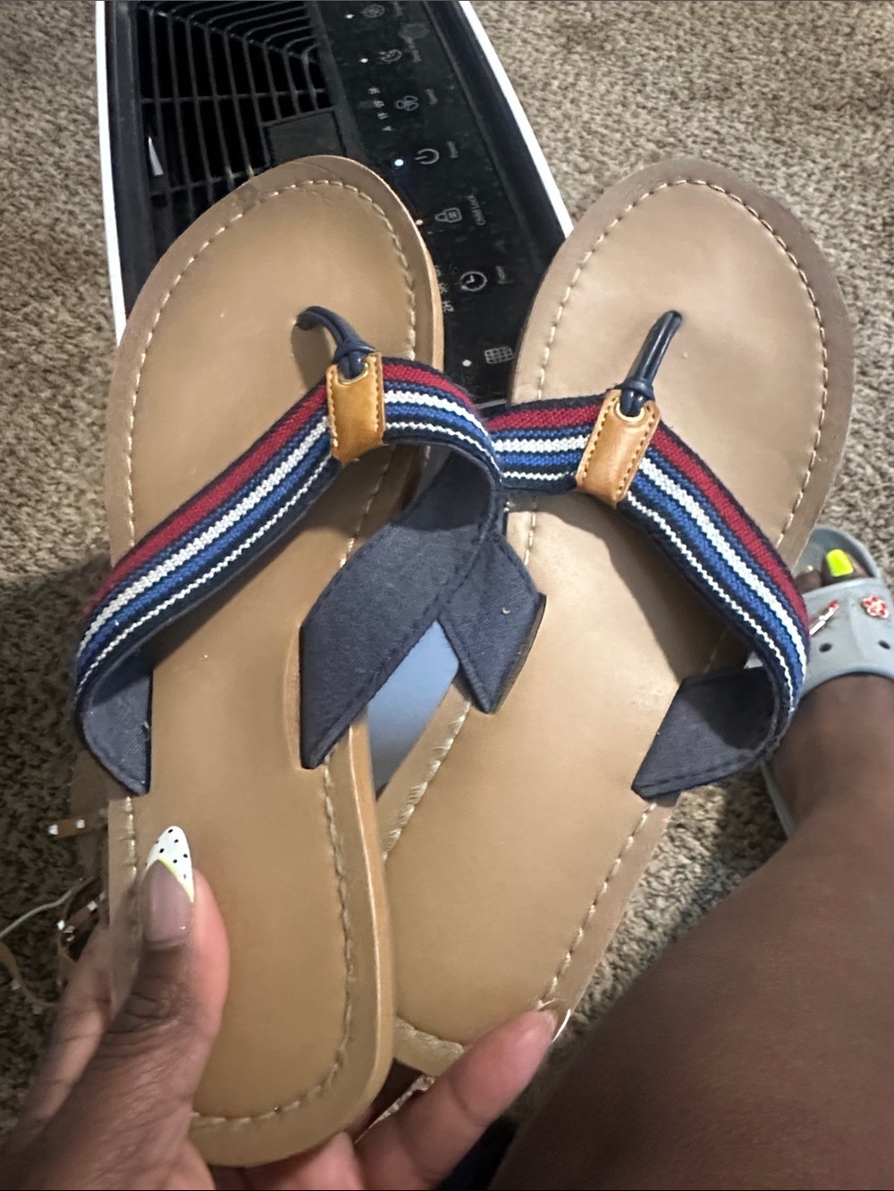 Tan Flip Flop Sandals with Navy-Red-White Striped Straps